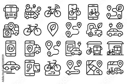 Diverse transportation icons illustrating various vehicle types, location markers, and navigation concepts for urban mobility