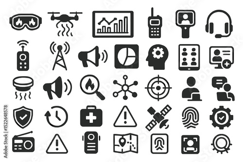 Emergency response and communication icon set with tech and alerts
