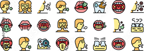People are suffering from halitosis, exhaling bad breath from mouth and nose, experiencing stinky smell, colorful line icons set