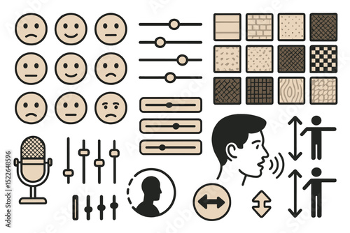 Icons representing emotions, adjustments, and sound in a creative design layout for digital or print media
