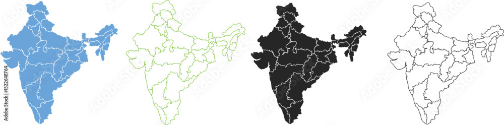 India Map in 4 Distinct Styles – Modern, Minimalist, Artistic, and Traditional Combined in One Image – Ideal for Posters, Infographics, Web Design, Education, and Creative Projects