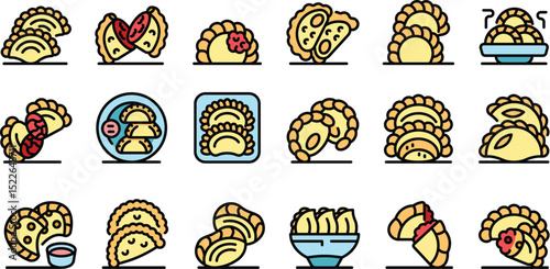 Colorful variety of dumplings and pastries in playful cartoon style