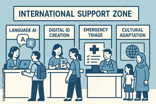 Support services offered at international assistance zone for various needs such as language and emergency triage