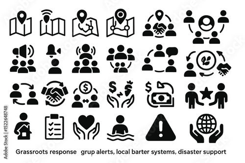 Icons representing community support, disaster response, and local barter systems for grassroots initiatives