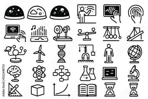 Exploring diverse scientific concepts through simple icons representing technology, biology, chemistry, and physics