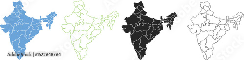 India Map in 4 Distinct Styles – Modern, Minimalist, Artistic, and Traditional Combined in One Image – Ideal for Posters, Infographics, Web Design, Education, and Creative Projects