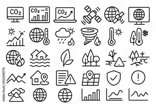 Illustration showcasing climate change concepts, including CO2 emissions, natural disasters, and sustainability efforts in modern society