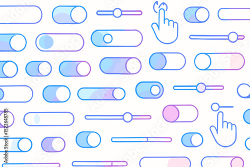 Graphic design showcasing various toggle switches and sliders on a light background for user interface elements