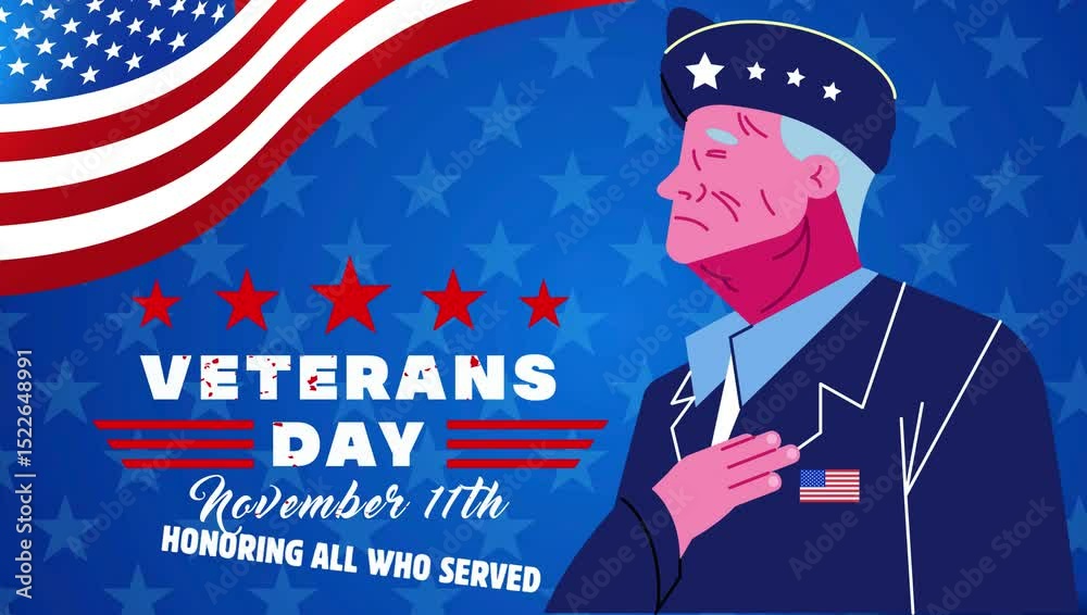 A short video about Veterans Day with the American flag, a blue background with the stars of the American flag, and a picture or drawing of a veteran.