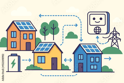 Solar energy system diagram illustrating home energy consumption and battery storage in a neighborhood