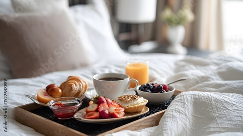 Breakfast on a bed in a hotel room served with coffee, juice, fruits, and pastries delightfully
