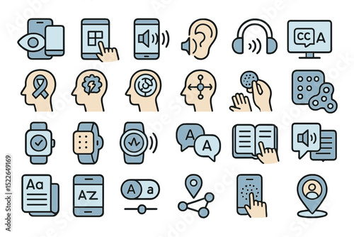 Collection of icons illustrating assistive technologies for accessibility in various environments