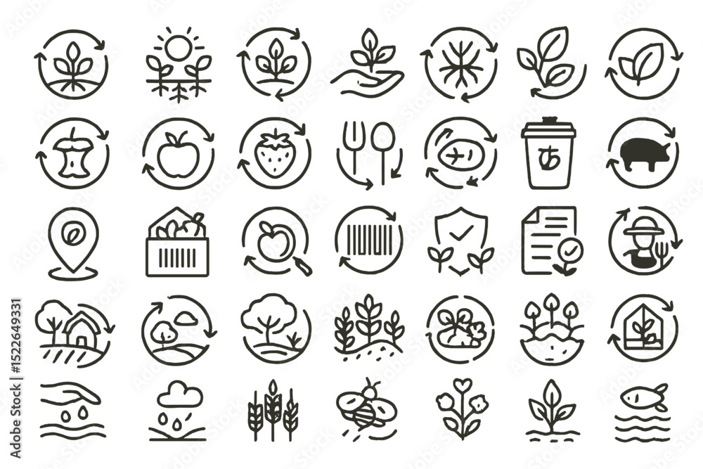 Fototapeta premium Collection of sustainable gardening icons depicting nature, recycling, and eco-friendly practices in a minimalist style