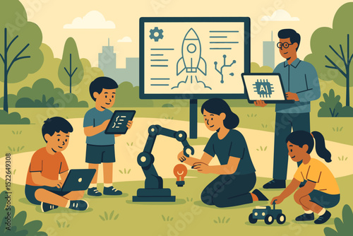 Kids engaged in STEM activities in a park with a robot arm and digital devices during a sunny afternoon in the city