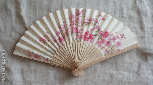 Elegant Handcrafted Decorative Fan with Pink Floral Design on Light Fabric Background