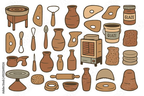 Colorful pottery tools and ceramics displayed on a white background for artistic inspiration and creativity