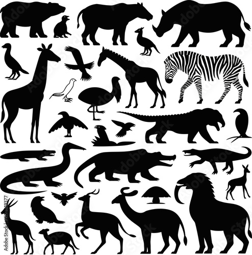 Animal silhouettes vector art featuring wildlife such as giraffe zebra and bear animal graphic design set editable stock vector illustration