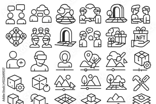 Exploring digital interaction concepts through minimal icons showcasing discussions, collaboration, and virtual experiences