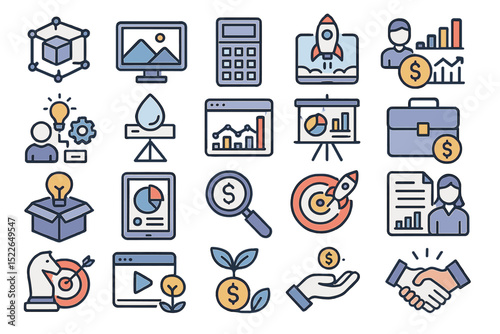 Business concept illustrations featuring graphs, charts, and innovative ideas for project development