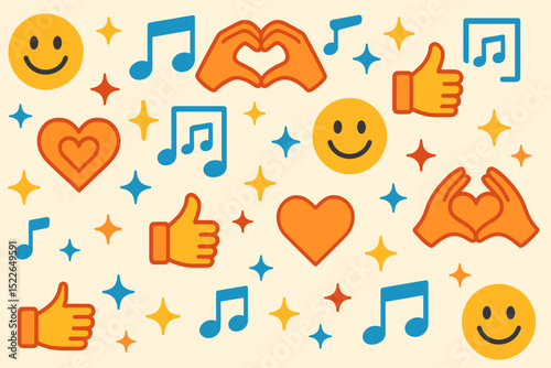 Bright and cheerful pattern of emojis and musical notes creates an uplifting atmosphere for fun and celebration