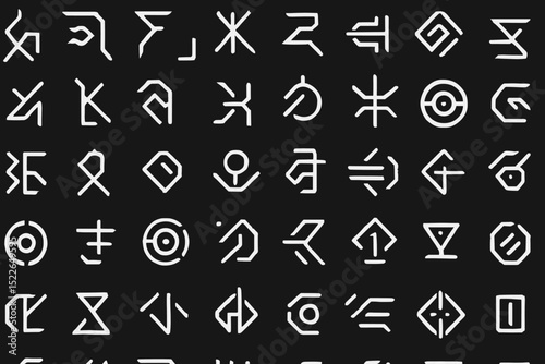 Unique collection of various abstract symbols on a black background displayed in a grid layout
