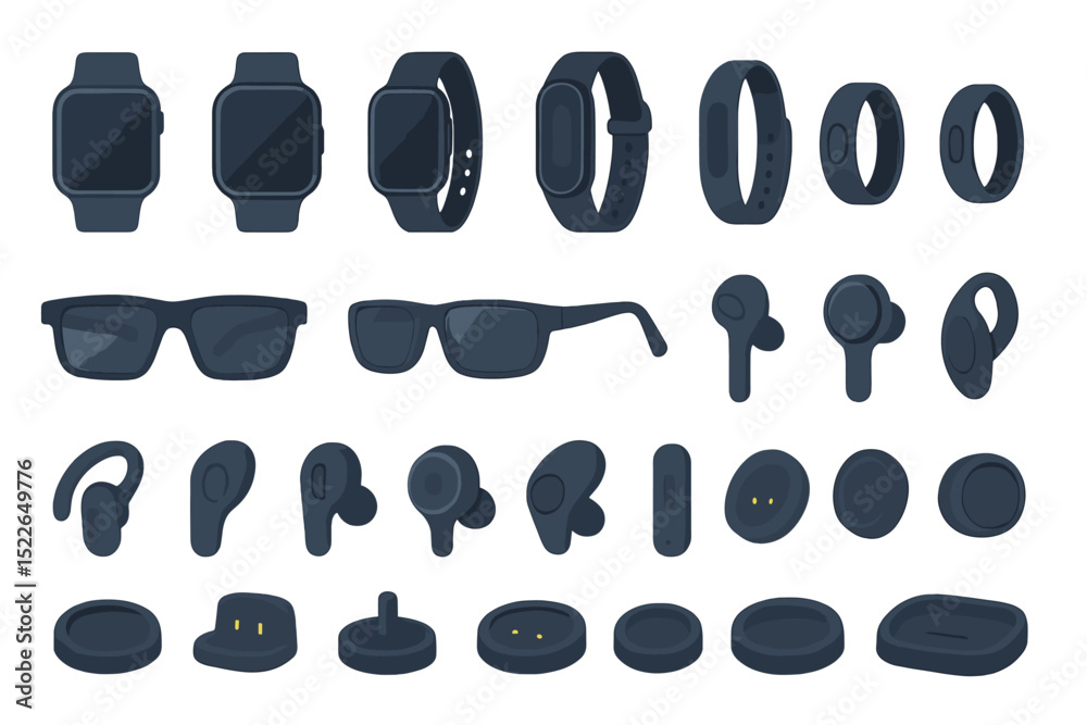 Variety of wearable technology products displayed on a solid background in an organized layout for tech enthusiasts Variety of wearable technology products displayed on a solid background in an organized layout for tech enthusiasts