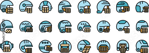 Set of diverse, stylized blue helmets with futuristic designs