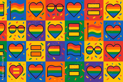 Colorful patterns showcasing pride symbols in a lively, creative design celebrating diversity and inclusion