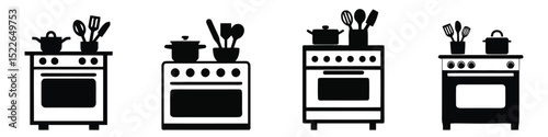 Vector illustration Set Kitchen Appliance Icons: Oven, Stove, Cookware & Utensils – Culinary Design Elements