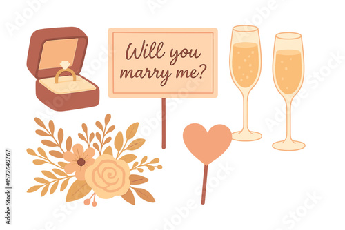 Proposal decorations featuring a ring, champagne glasses, and flowers for a romantic moment