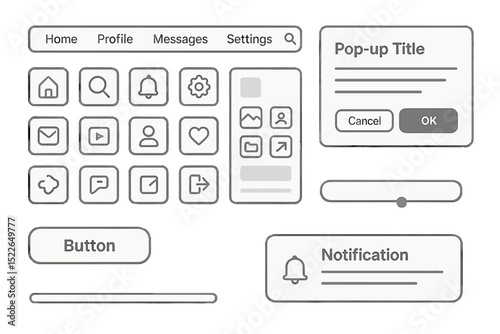 User interface design elements for a digital application showcasing various buttons and notification features