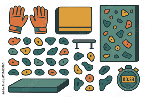 Climbing gear and equipment layout for a bouldering session at an indoor gym, showcasing elements of climbing