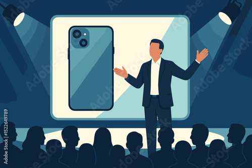 Presenter demonstrates new smartphone features in technology showcase at evening event