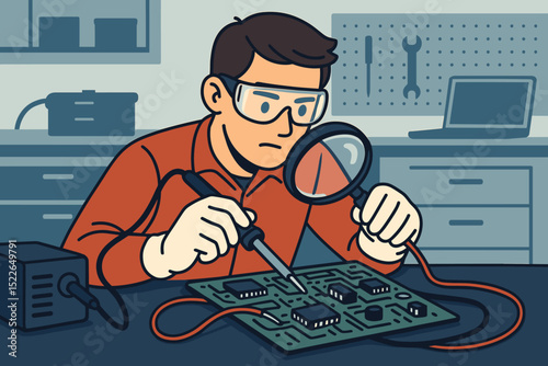 Technician repairs circuit board in workshop while using magnifying glass and soldering iron
