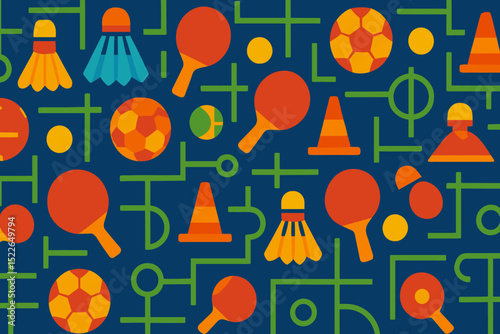 Bright and colorful pattern of sports equipment and markings on a blue background featuring various game elements