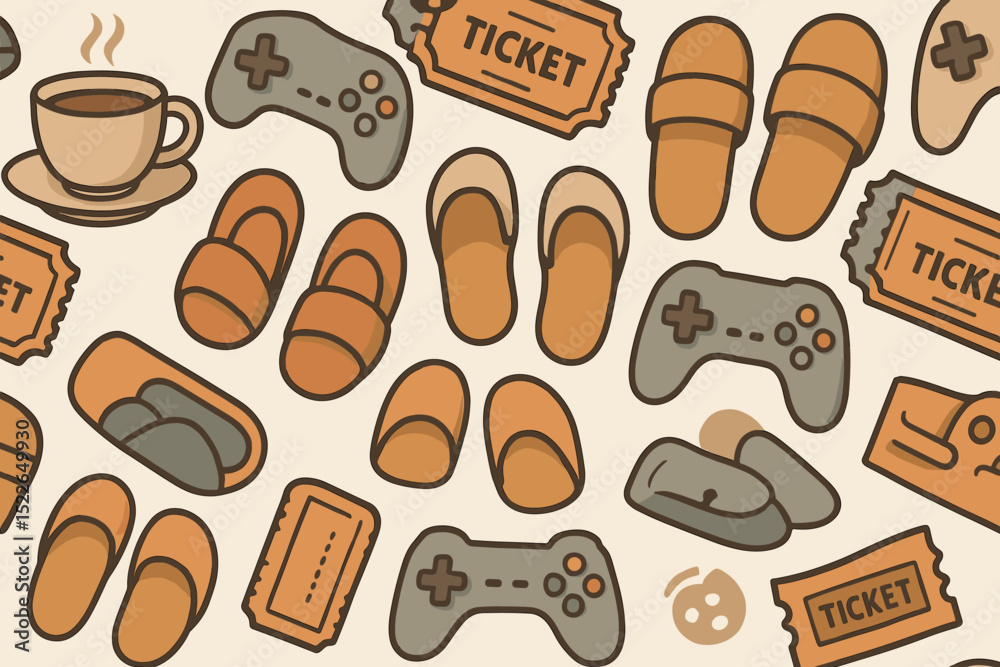 Cozy seamless pattern with slippers, game controllers, and tickets Cozy seamless pattern with slippers, game controllers, and tickets