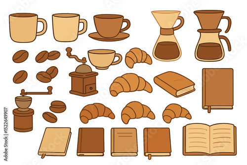 Coffee and pastries assortment with decorative elements on a white background for cozy moments