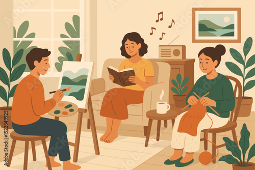 Creative afternoon at home with painting, reading, and knitting in a cozy living space