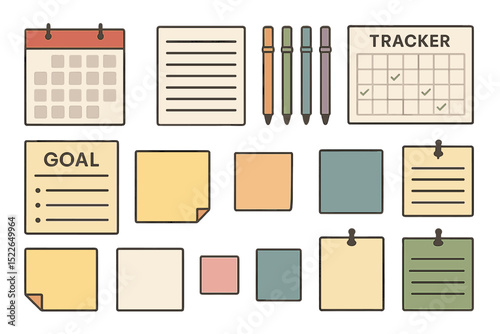 Colorful collection of sticky notes, calendar, and pens for organizing tasks and goals in a workspace setting