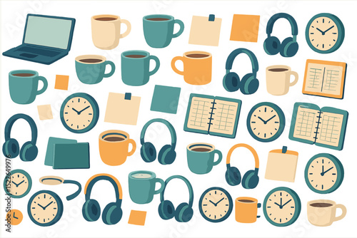 Seamless pattern of work essentials with coffee, clocks, and laptops