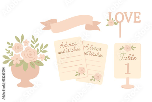 Elegant wedding decoration elements featuring floral arrangement and advice cards for guests at a celebration