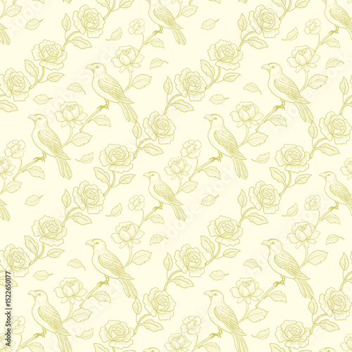 Seamless pattern, background with Floral pattern with birds and roses in art nouveau style, vintage, old, retro style. Colored vector illustration. In soft yellow colors.