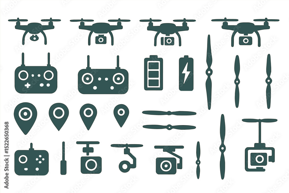 Collection of drone components and accessories displayed on a white background with various remote controls and parts Collection of drone components and accessories displayed on a white background with various remote controls and parts