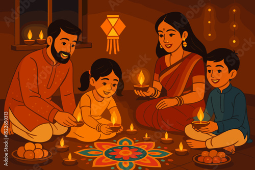 Family celebrates festival of lights at home with diyas and rangoli during joyful evening gathering