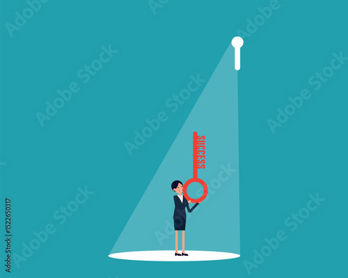 Business success concept. Businesswoman holding key of success to open door of big opportunity winning glory in future