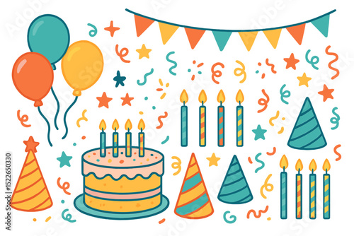 Colorful birthday party decorations with cake, balloons, and party hats for a joyful celebration