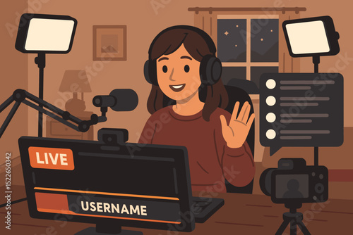 Person streaming live from home studio at night with lighting and chat displayed on screen
