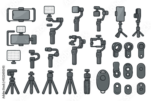 Collection of various camera accessories and stabilization tools for videography and photography in a neutral design layout