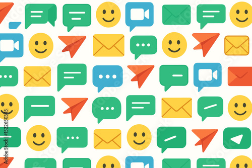 Colorful digital communication icons representing messaging, video calls, and emotions on a light background