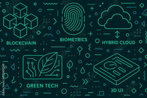 Innovative technology concepts showcasing blockchain, biometrics, hybrid cloud, green tech, and 3D UI on a dark background